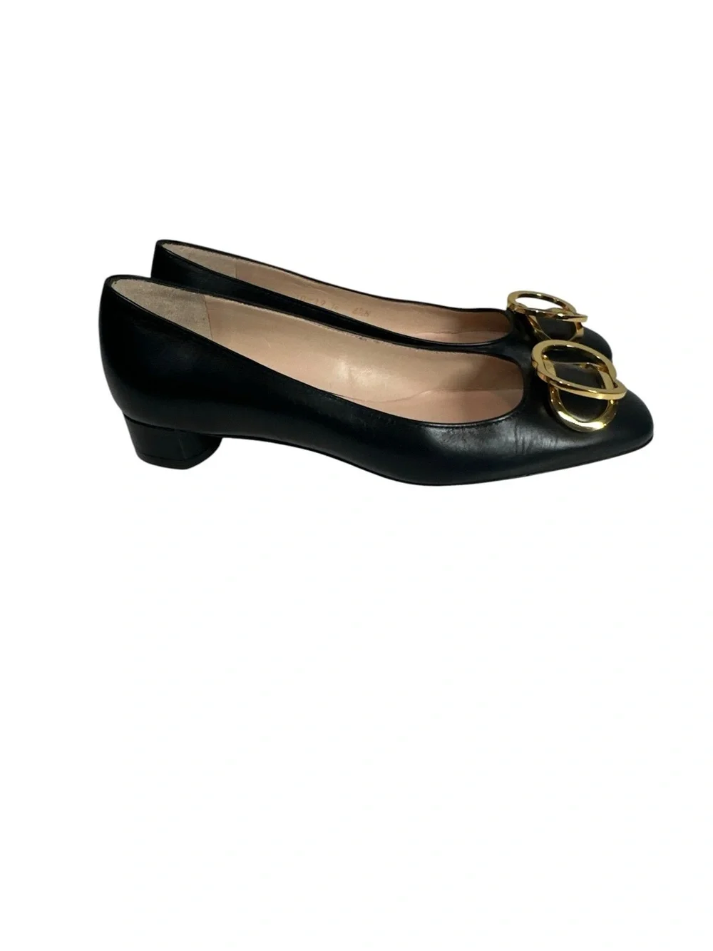 Stuart Weitzman 6.5 Anicia Black Leather Flats with Gold Buckle Accent